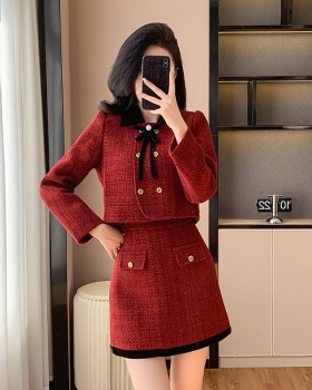 Wool sweet formal dress woolen long sleeve dress 2pcs set