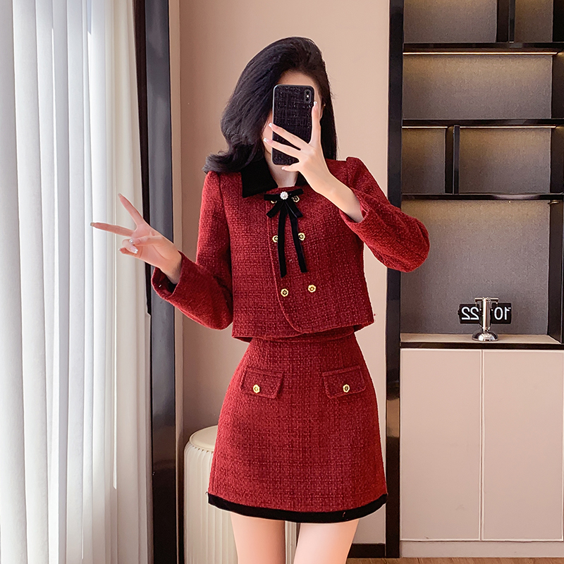 Wool sweet formal dress woolen long sleeve dress 2pcs set