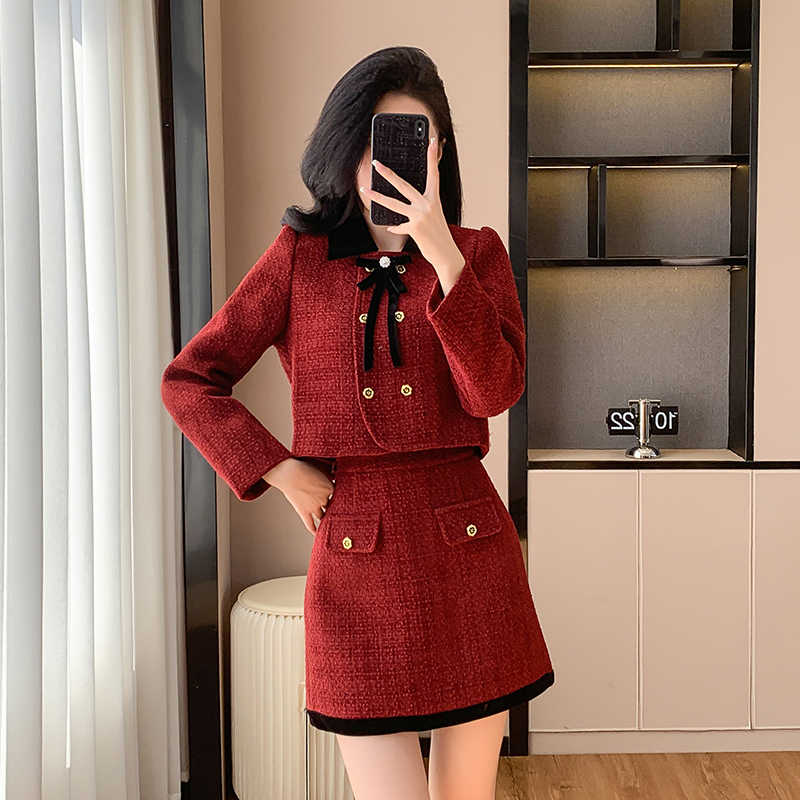 Wool sweet formal dress woolen long sleeve dress 2pcs set