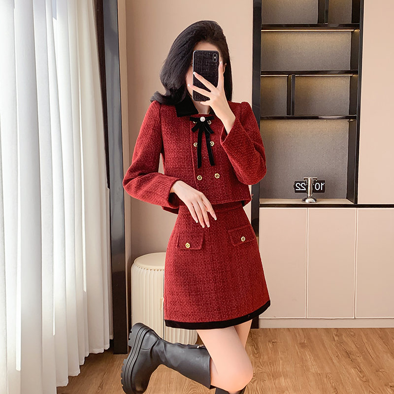 Wool sweet formal dress woolen long sleeve dress 2pcs set