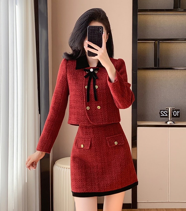 Wool sweet formal dress woolen long sleeve dress 2pcs set