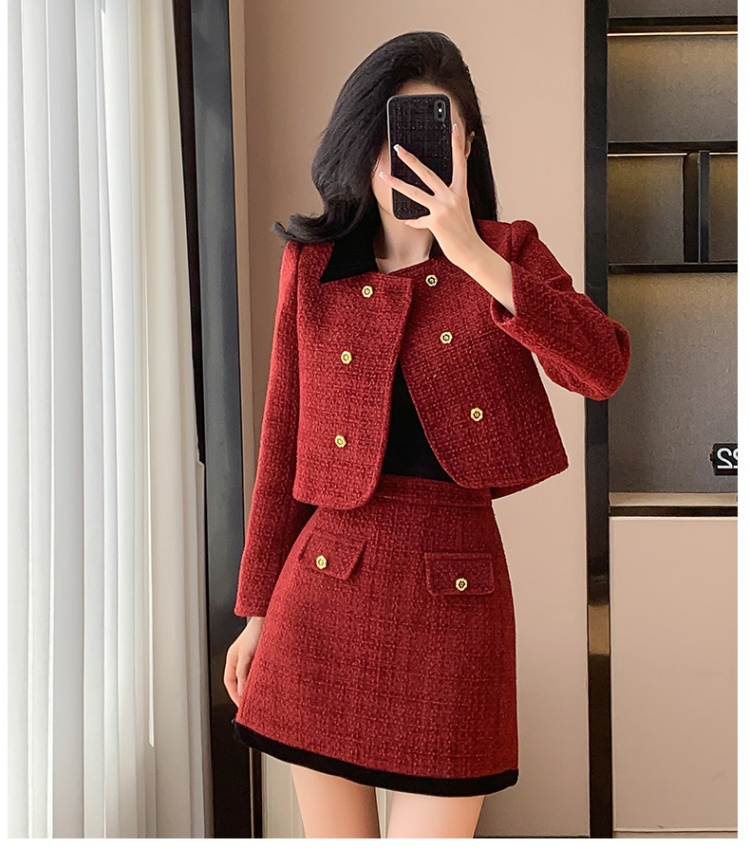 Wool sweet formal dress woolen long sleeve dress 2pcs set