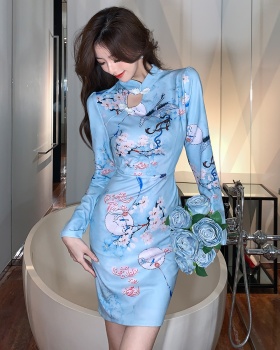 Retro temperament dress autumn printing cheongsam