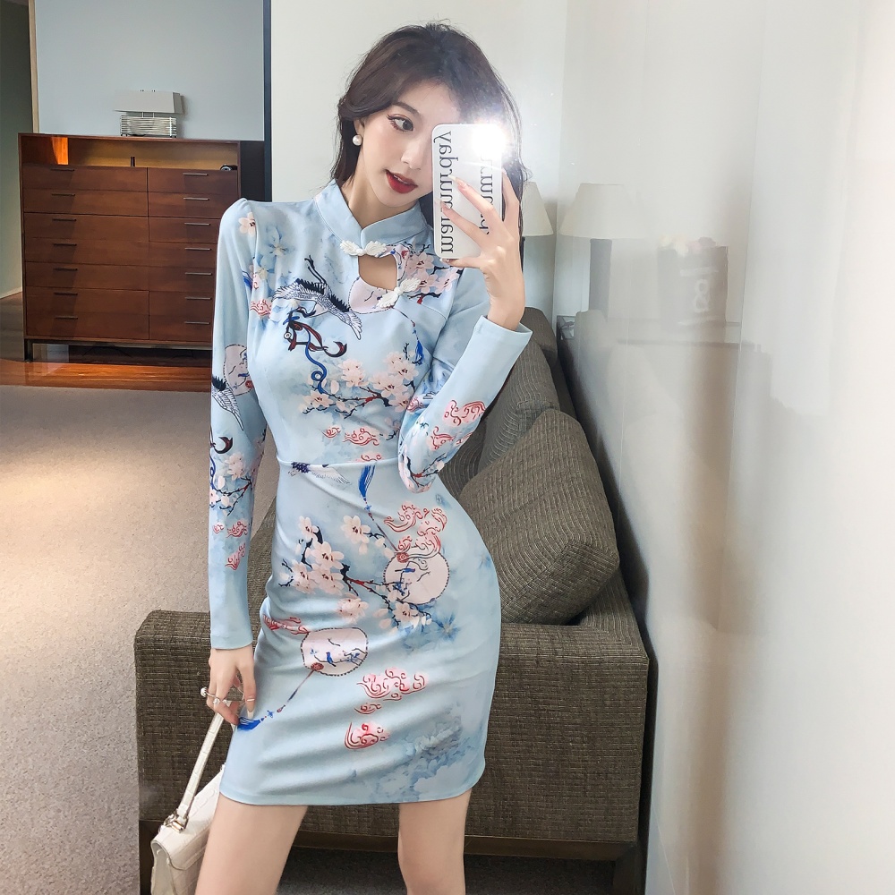 Retro temperament dress autumn printing cheongsam