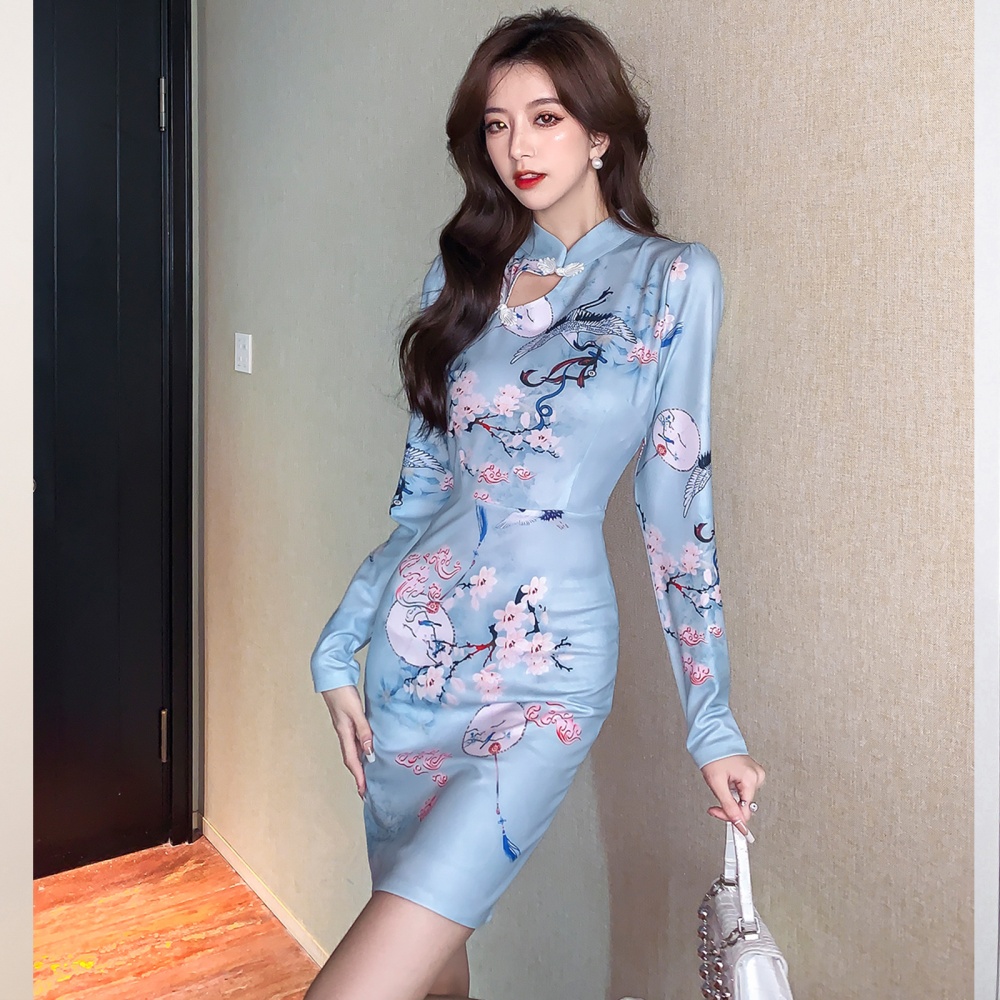 Retro temperament dress autumn printing cheongsam