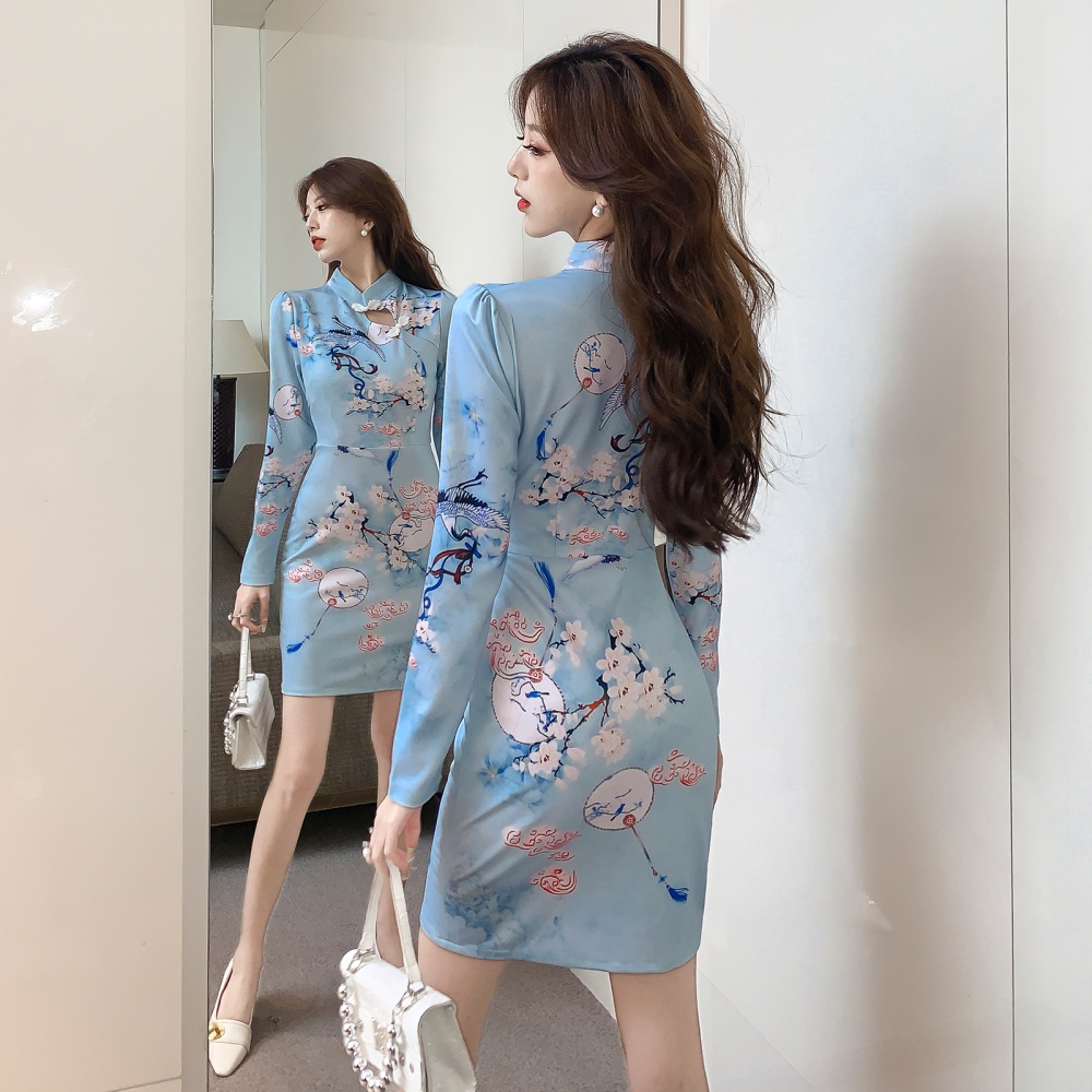 Retro temperament dress autumn printing cheongsam