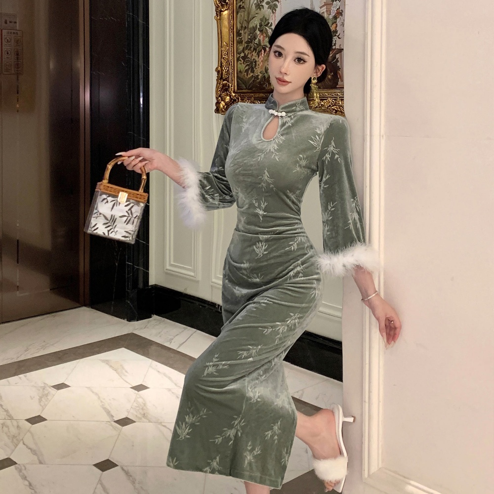 Autumn and winter elmo sleeve cheongsam retro slim dress