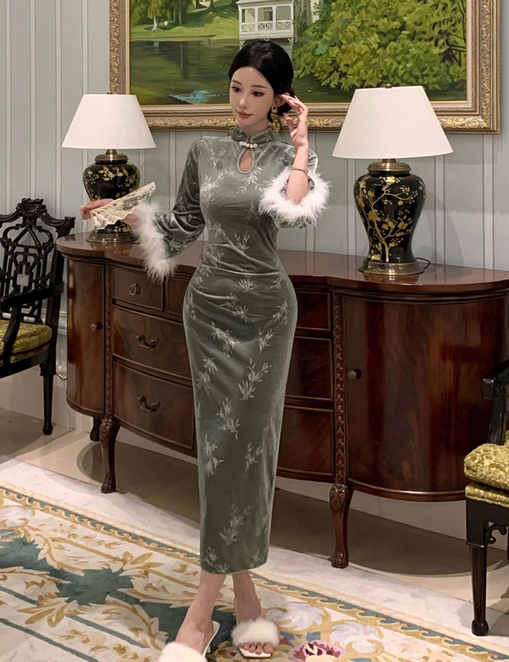 Autumn and winter elmo sleeve cheongsam retro slim dress