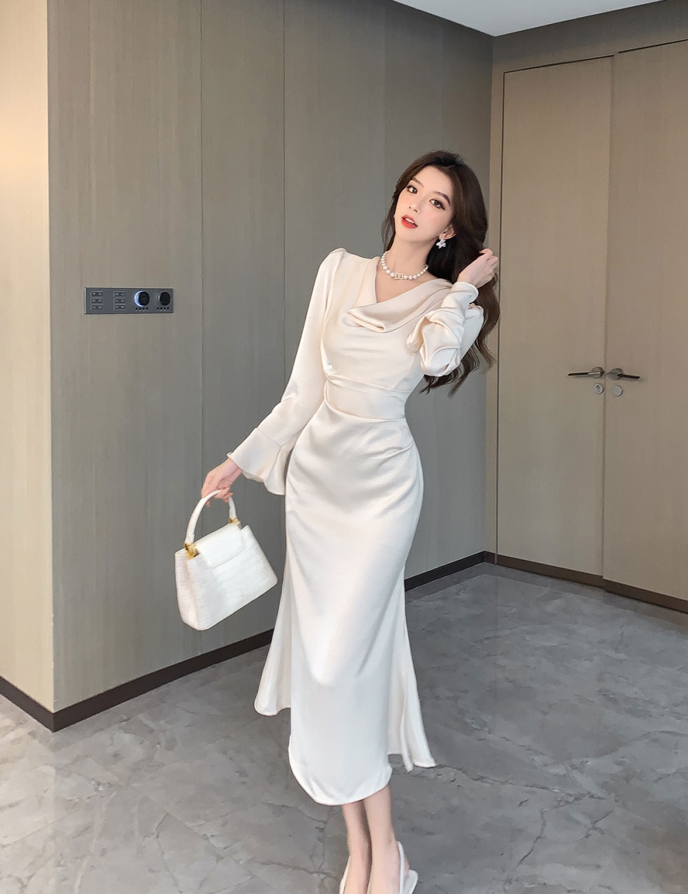 Gold autumn formal dress long sleeve mermaid dress