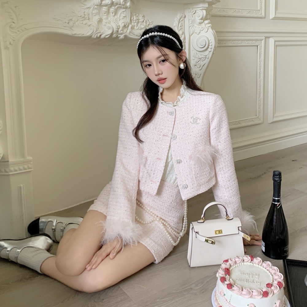 Chanelstyle temperament jacket pink ladies short skirt a set