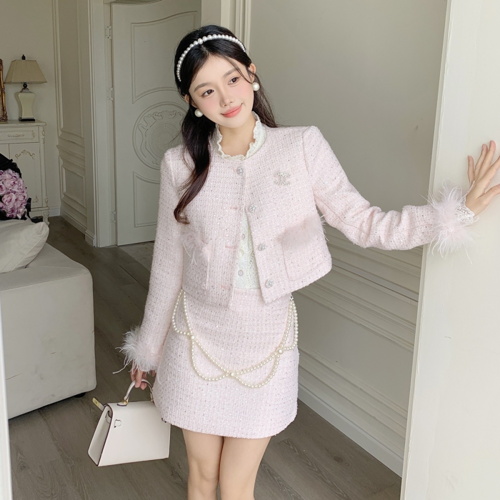 Chanelstyle temperament jacket pink ladies short skirt a set