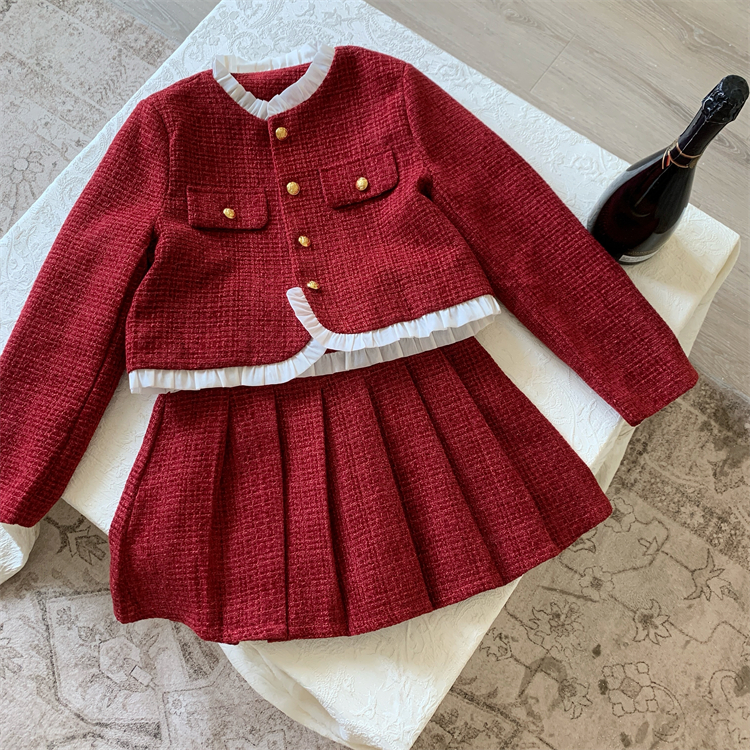 Chanelstyle jacket red short skirt 2pcs set for women