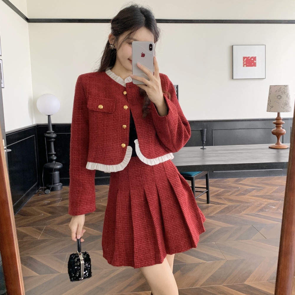 Chanelstyle jacket red short skirt 2pcs set for women