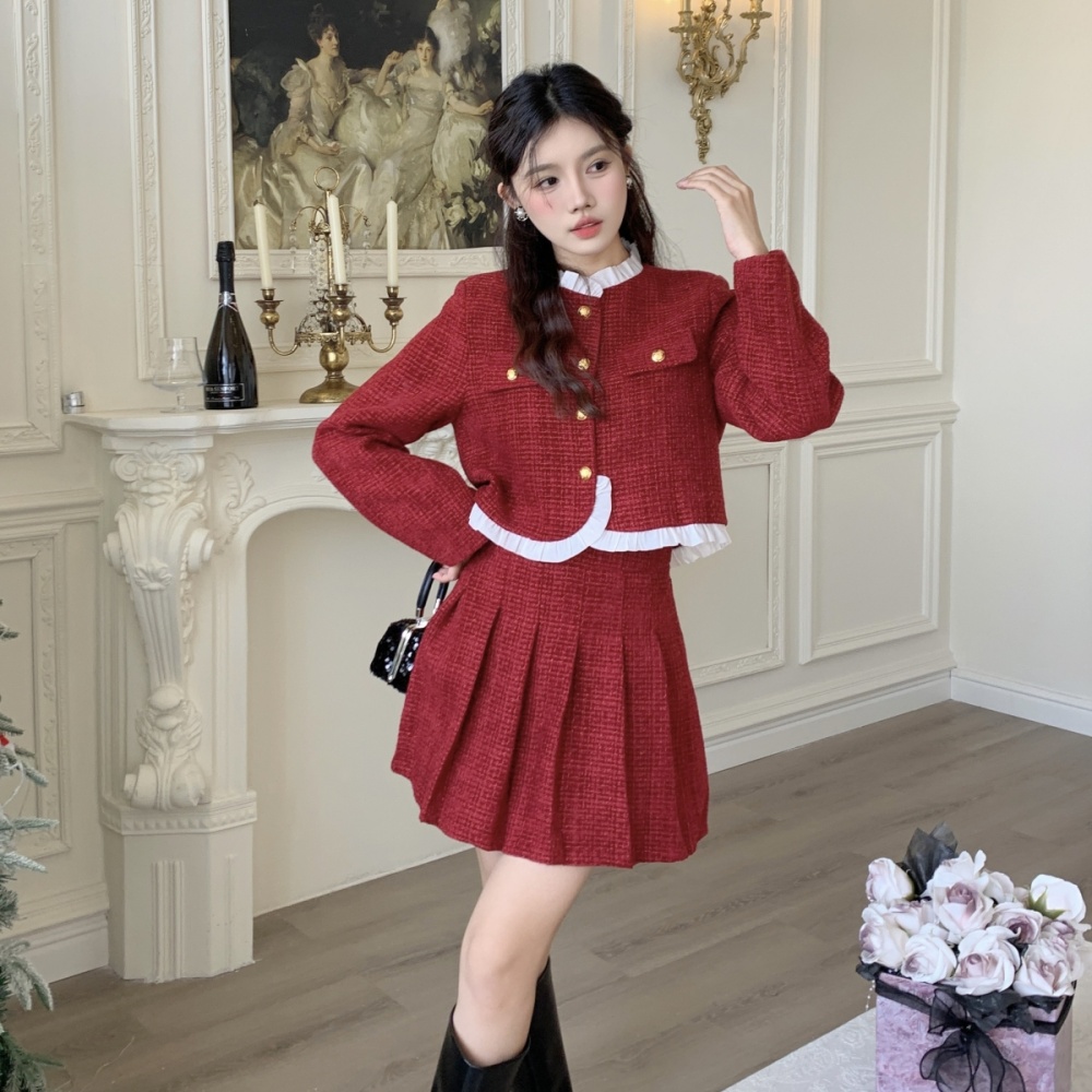 Chanelstyle jacket red short skirt 2pcs set for women