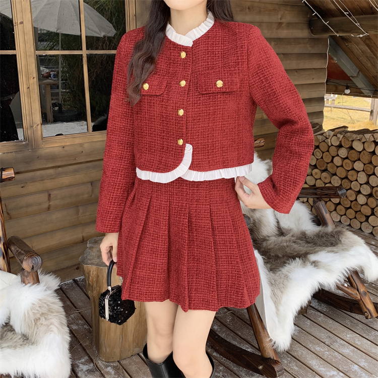 Chanelstyle jacket red short skirt 2pcs set for women