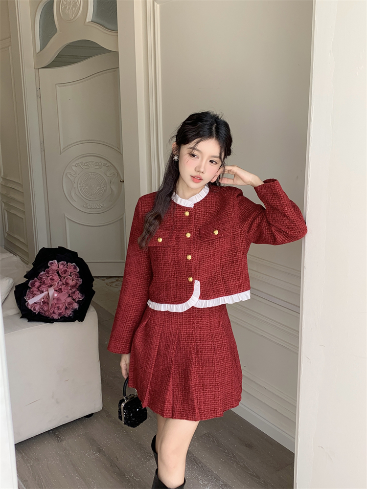 Chanelstyle jacket red short skirt 2pcs set for women