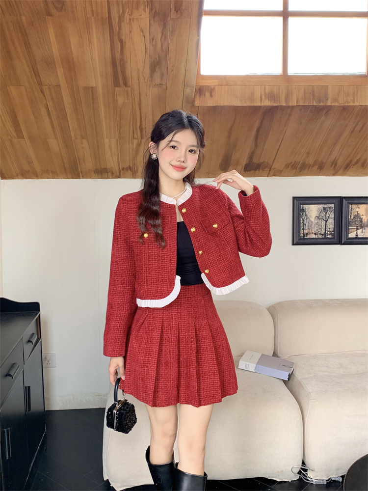 Chanelstyle jacket red short skirt 2pcs set for women