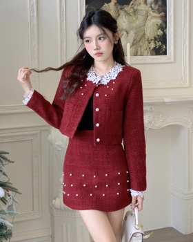 Ladies lace jacket red short skirt 2pcs set for women