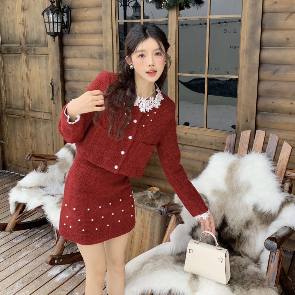 Ladies lace jacket red short skirt 2pcs set for women