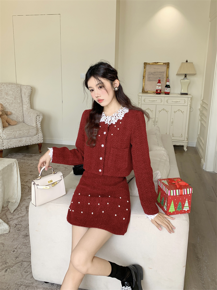 Ladies lace jacket red short skirt 2pcs set for women