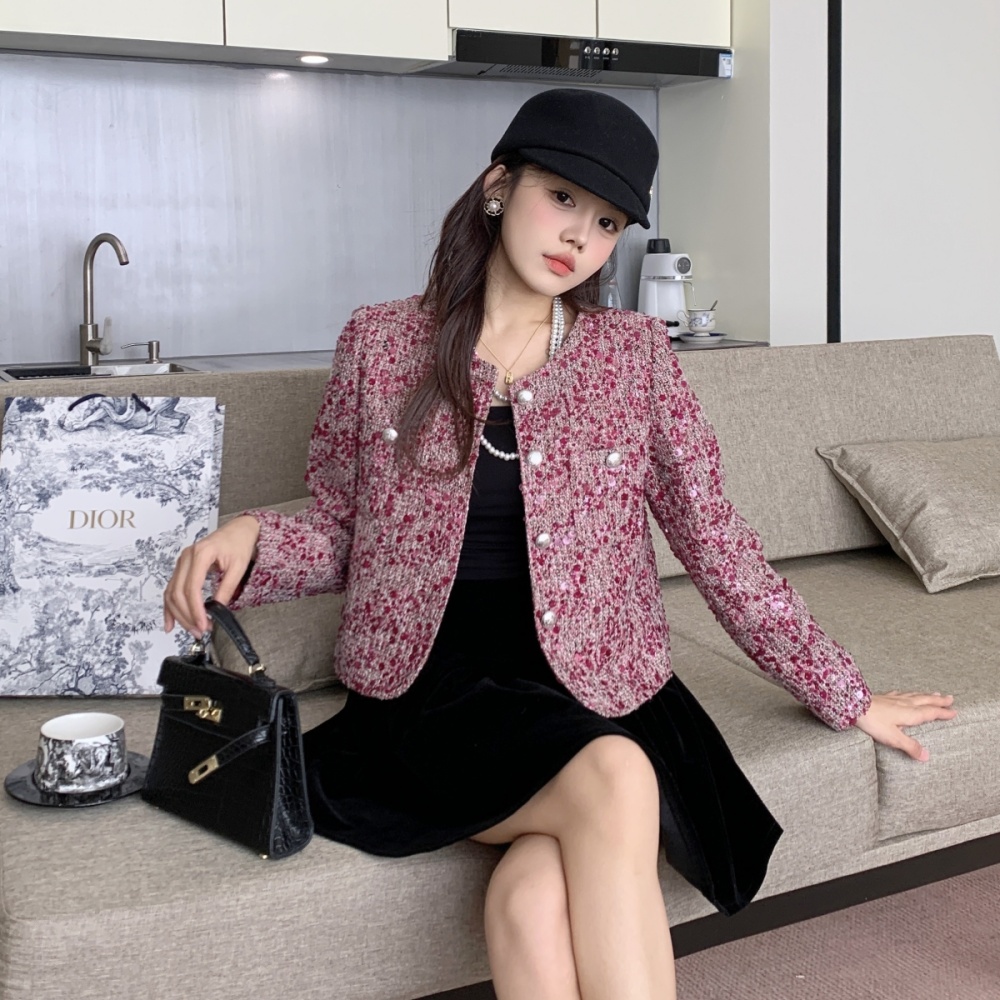 Coarse flower chanelstyle tops weave coat for women