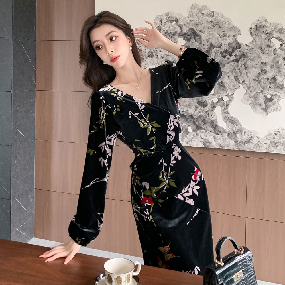 France style velvet dress printing long dress