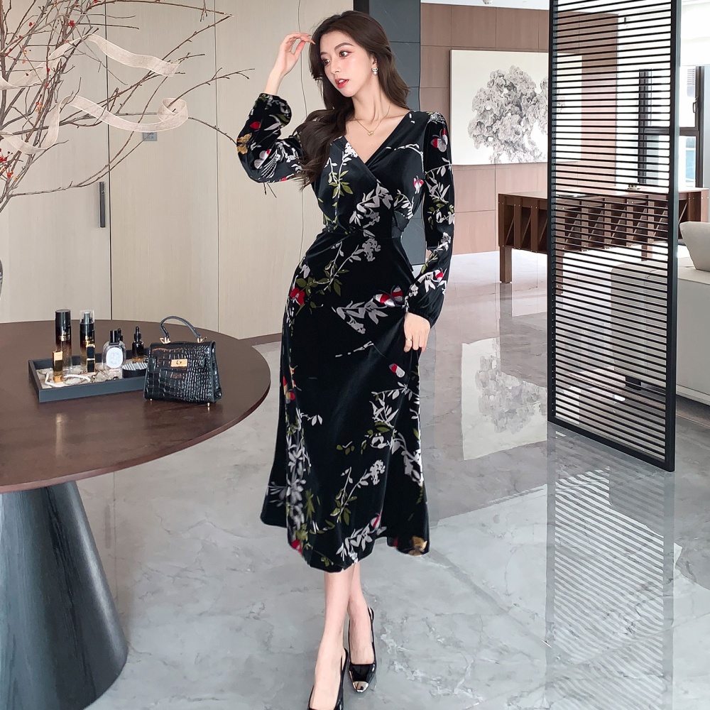 France style velvet dress printing long dress