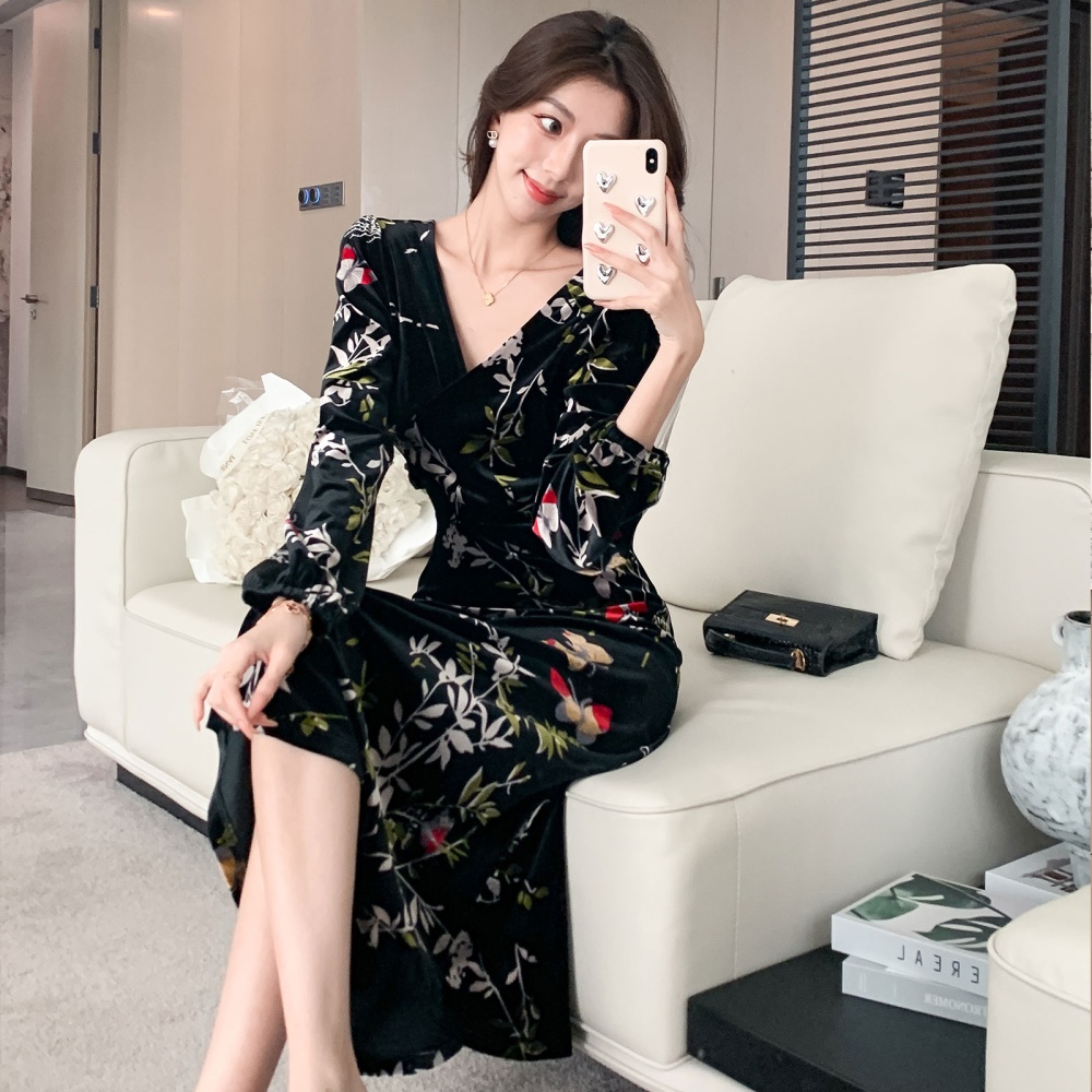 France style velvet dress printing long dress