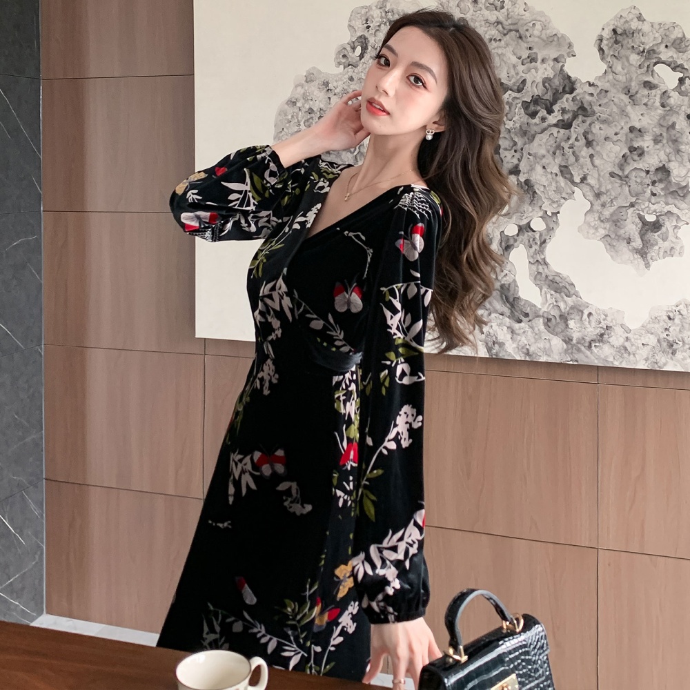 France style velvet dress printing long dress