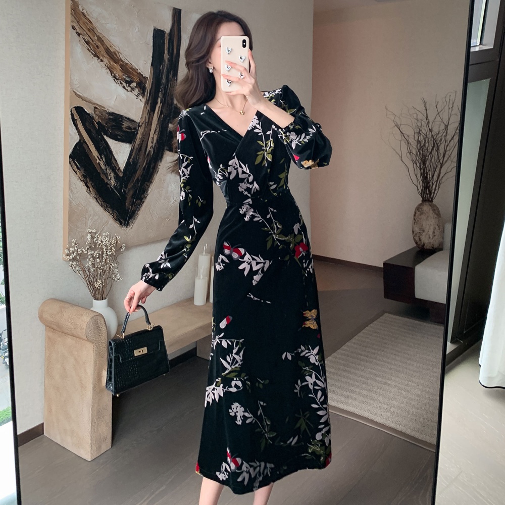 France style velvet dress printing long dress