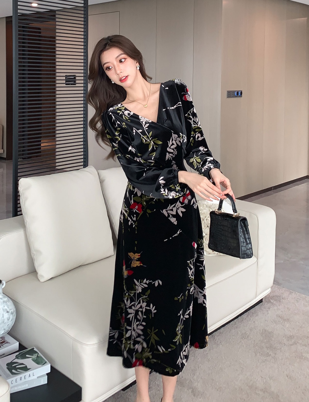 France style velvet dress printing long dress