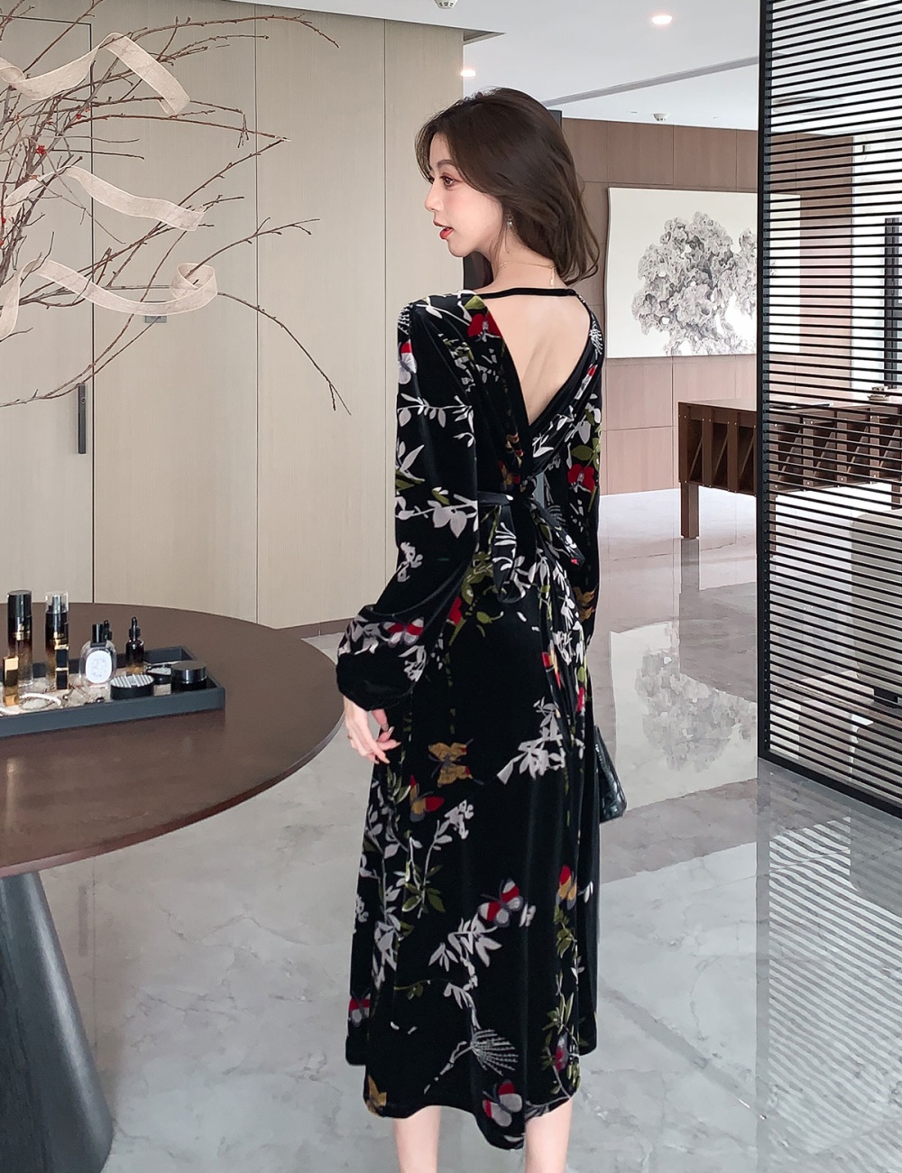 France style velvet dress printing long dress