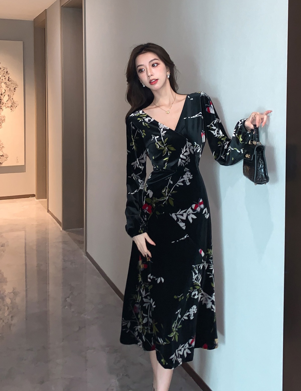 France style velvet dress printing long dress