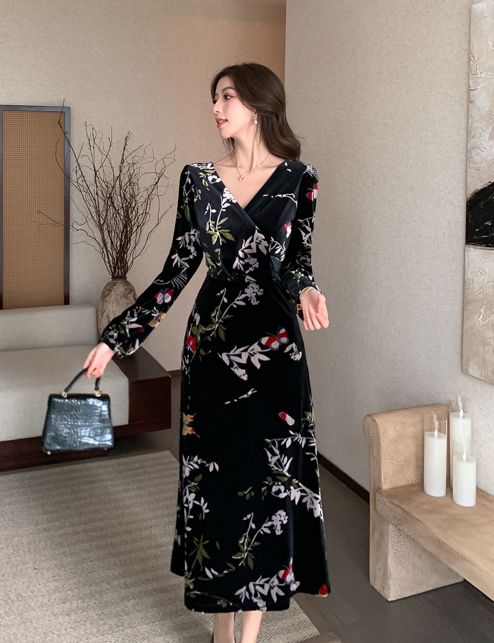 France style velvet dress printing long dress