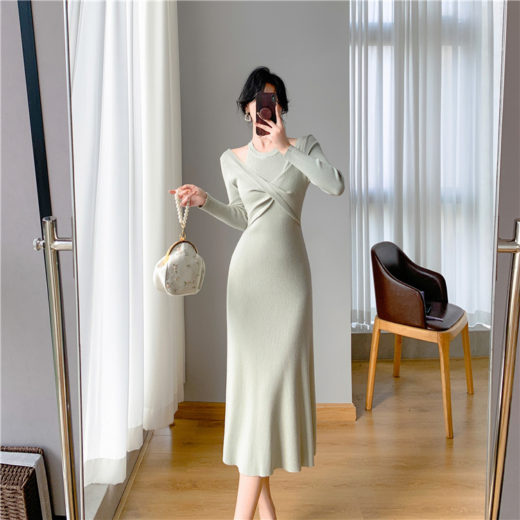 Korean style niche knitted slim mermaid Pseudo-two dress