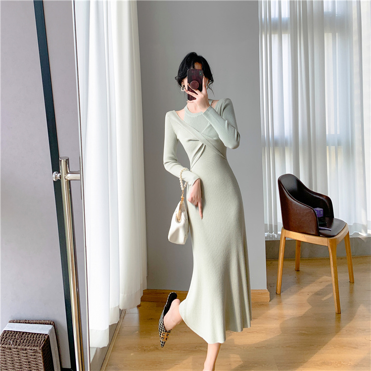 Korean style niche knitted slim mermaid Pseudo-two dress