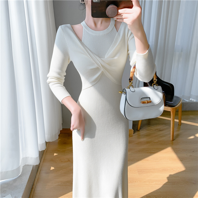 Korean style niche knitted slim mermaid Pseudo-two dress