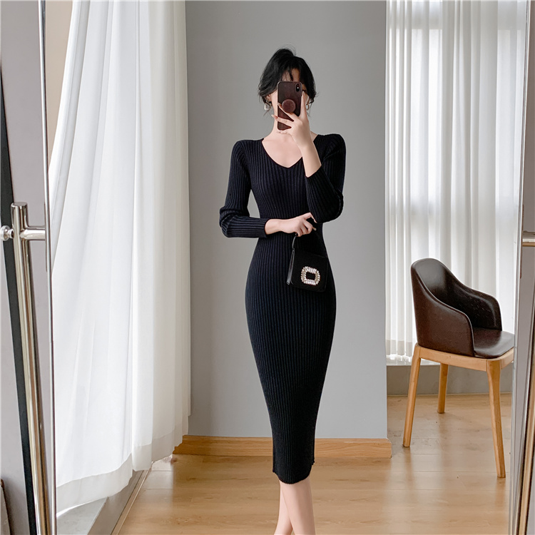 Package hip knitted sweater dress bottoming dress for women