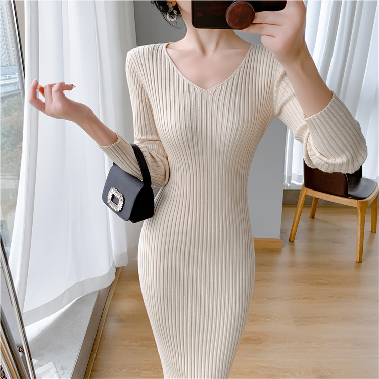 Package hip knitted sweater dress bottoming dress for women