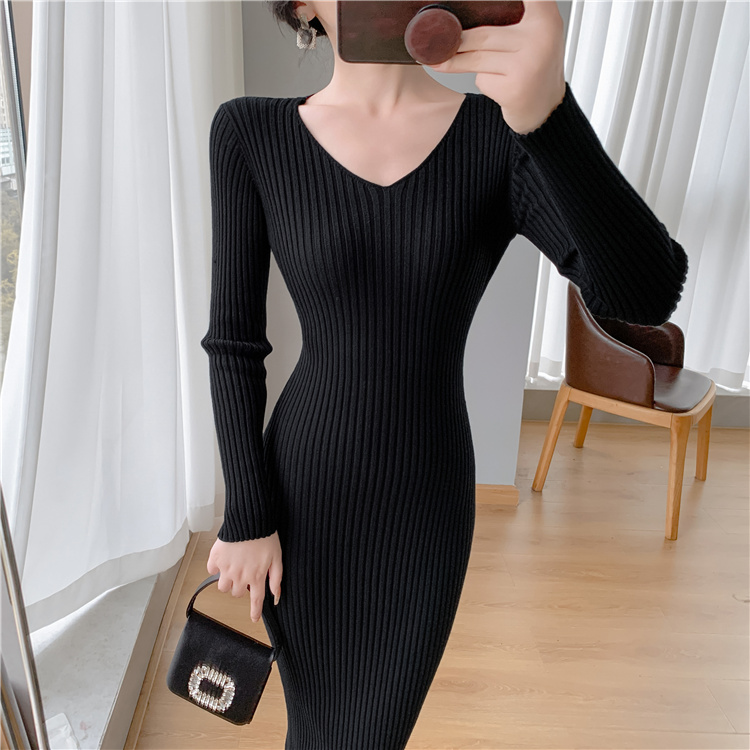 Package hip knitted sweater dress bottoming dress for women