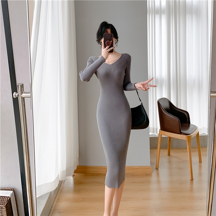 Package hip knitted sweater dress bottoming dress for women