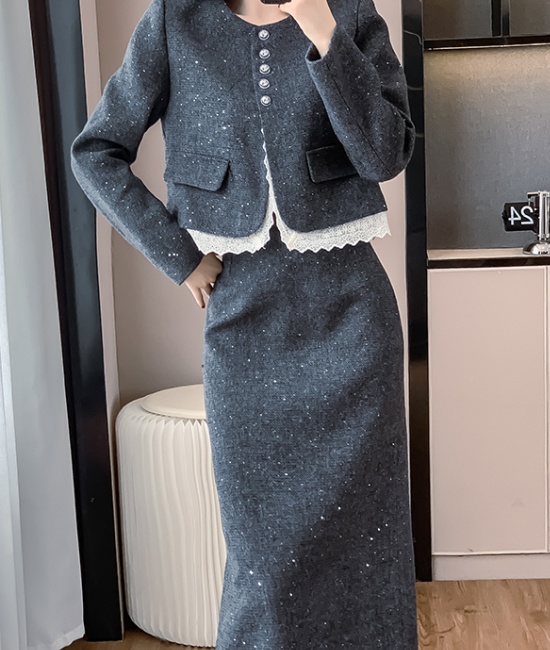 Chanelstyle lace coat splice gray skirt 2pcs set for women