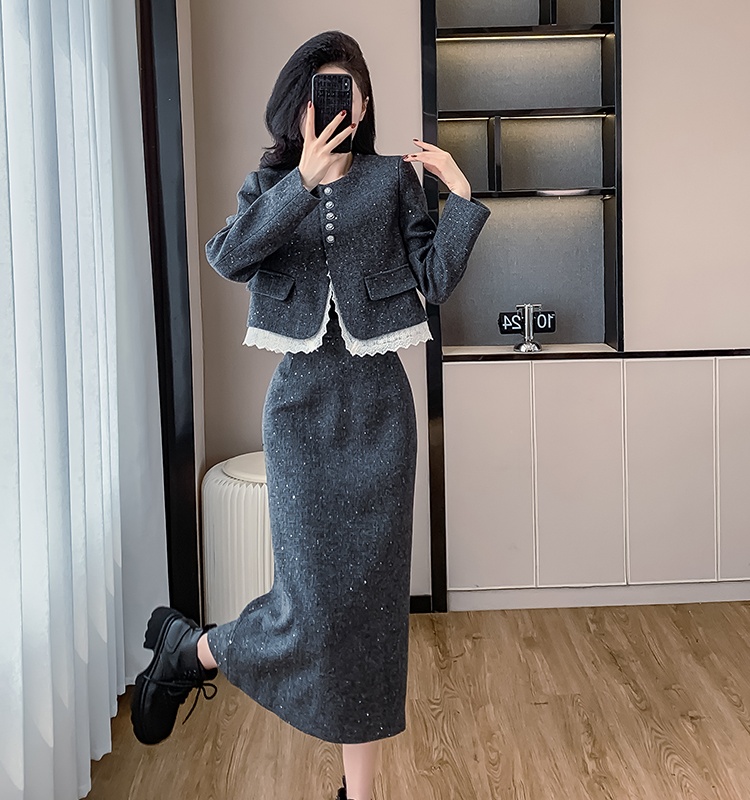 Chanelstyle lace coat splice gray skirt 2pcs set for women