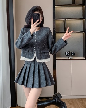 Splice lace coat gray skirt 2pcs set for women