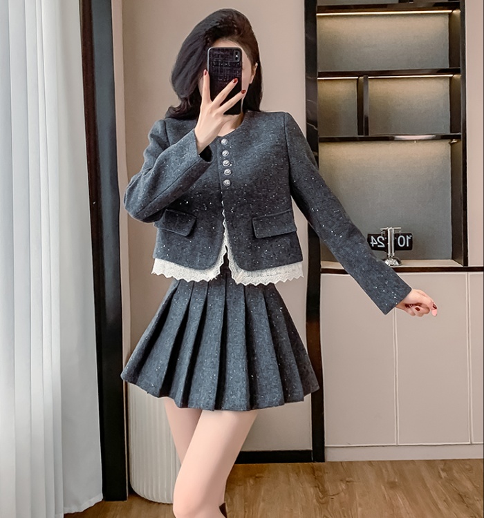 Splice lace coat gray skirt 2pcs set for women