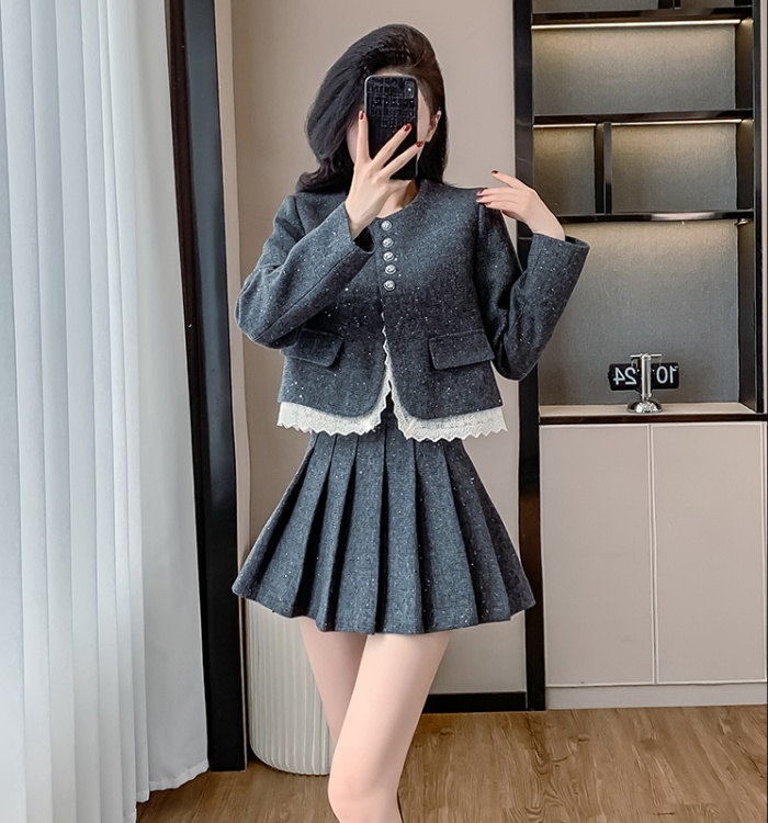 Splice lace coat gray skirt 2pcs set for women