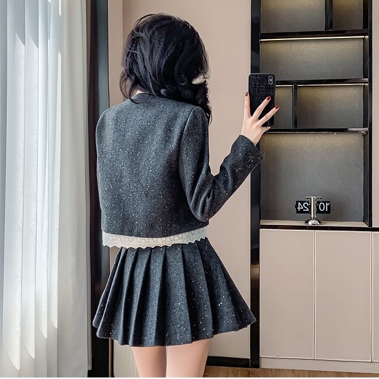 Splice lace coat gray skirt 2pcs set for women