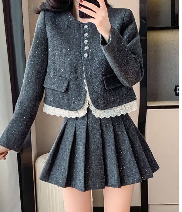 Splice lace coat gray skirt 2pcs set for women