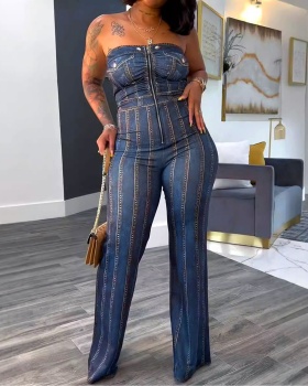 Package hip printing wrapped chest imitation denim jumpsuit