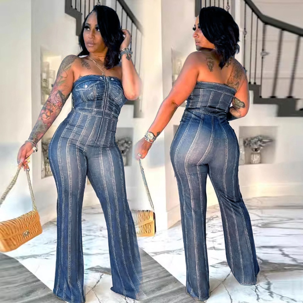 Package hip printing wrapped chest imitation denim jumpsuit